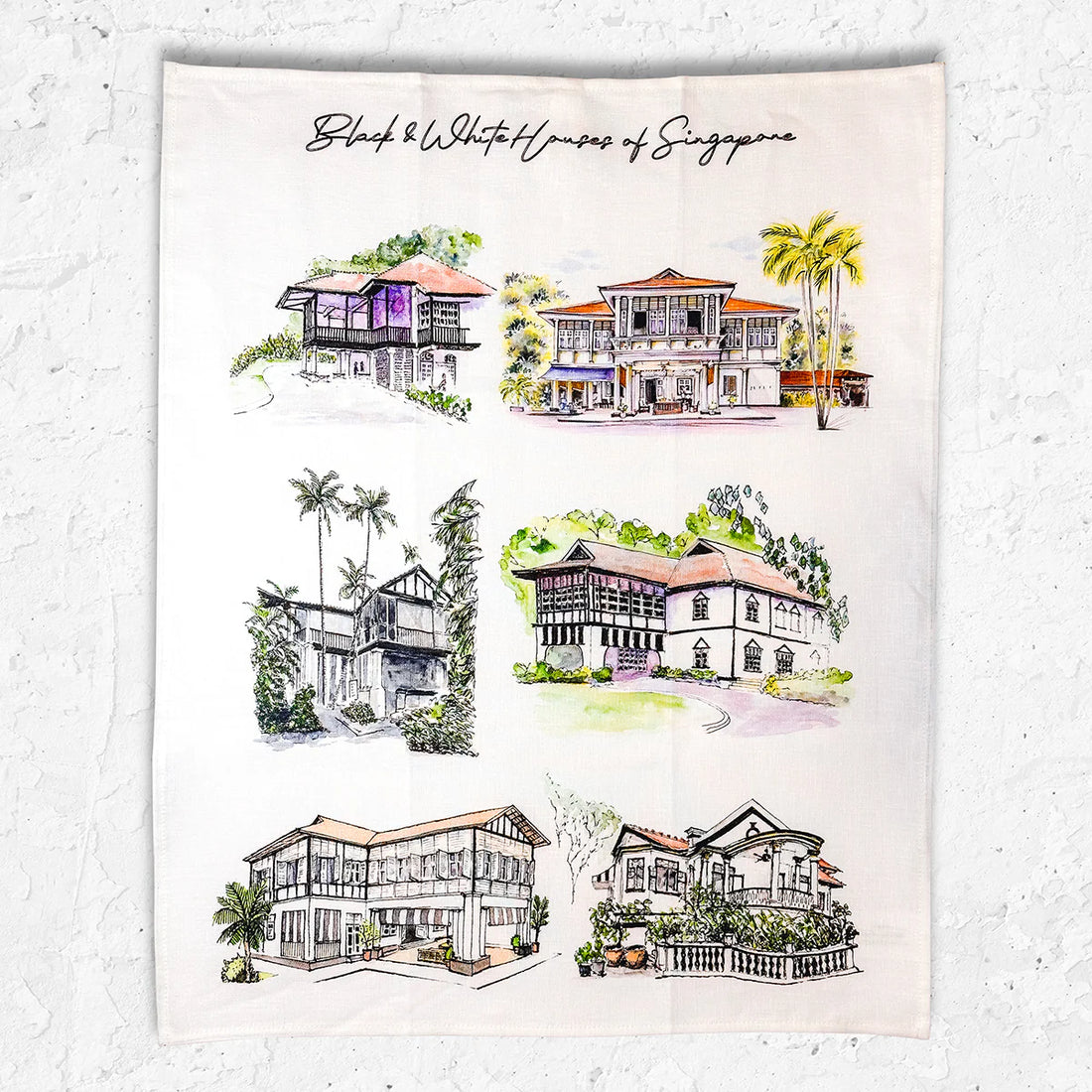 Black & White Houses Linen Tea Towel