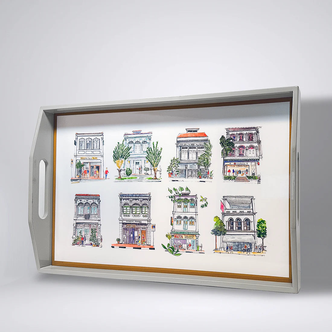 Grey Lacquer Tray - Pastel Shophouses
