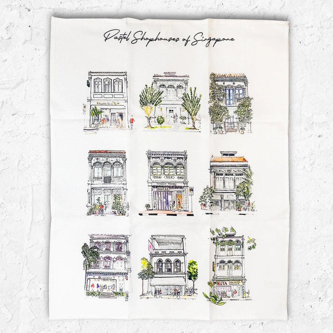 Pastel Shophouses Linen Tea Towel