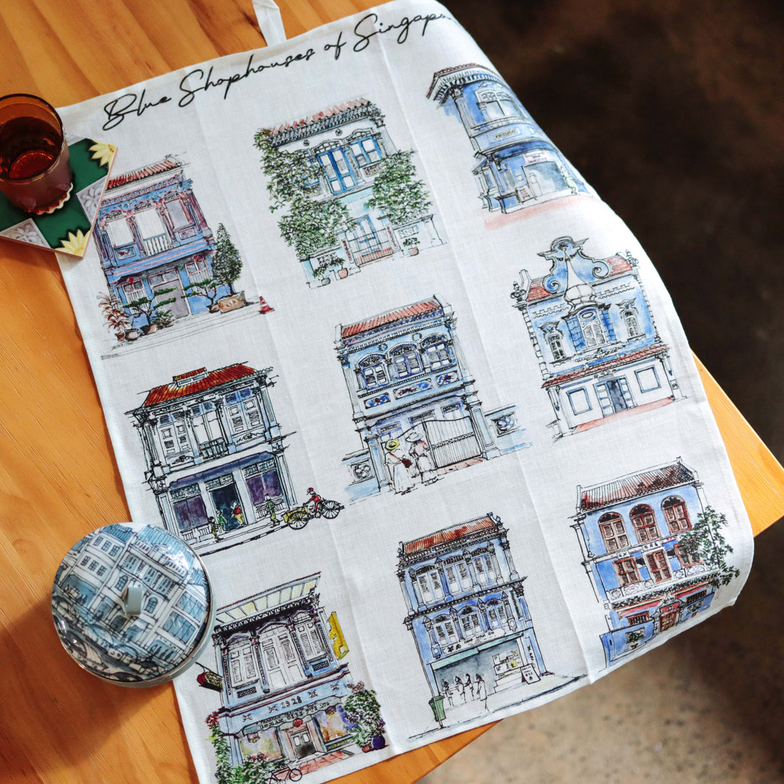 Blue Shophouses Linen Tea Towel