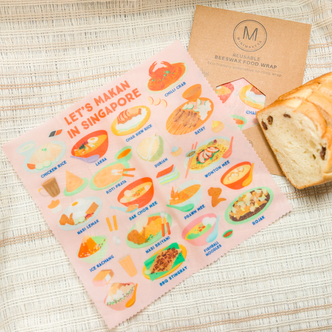 Let's Makan in Singapore (Pink) Beeswax Food Wrap