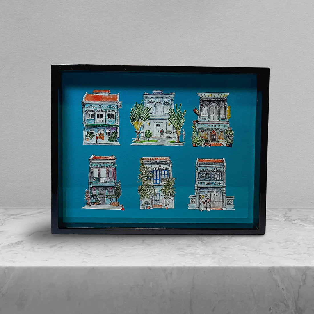 Lacquer Trinket Tray - Turquoise Shophouses