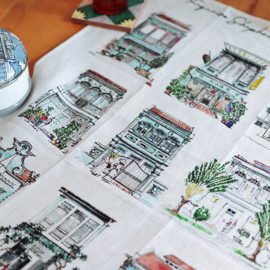 Turquoise Shophouses Linen Tea Towel