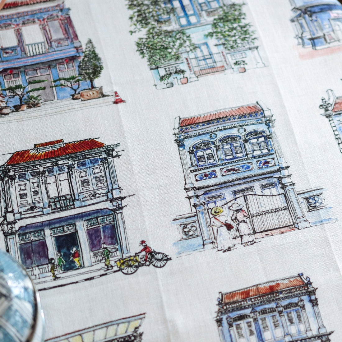 Blue Shophouses Linen Tea Towel