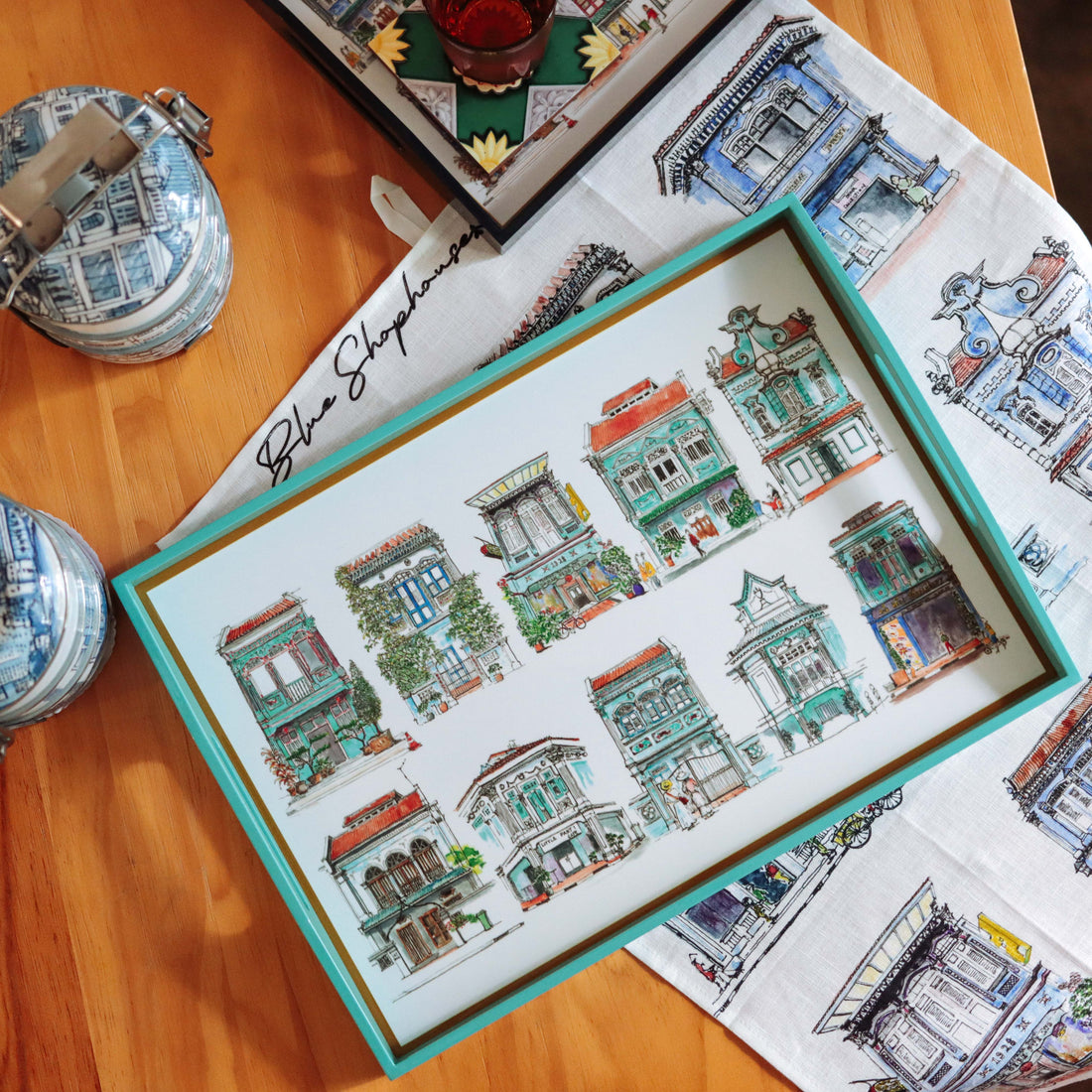Tourquoise Lacquer Tray - Turquoise Shophouses